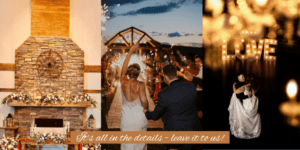 Planner-Picture | The Heritage Centre by Mountain View Events Ltd. Top left: Stunning ballroom with a grand stone fireplace, elegantly set for a wedding reception. Top right: Bride and groom surrounded by guests holding sparklers, creating a magical night-time celebration. Bottom: Bride and groom sharing a romantic dance under a custom chandelier, illuminated against the night sky