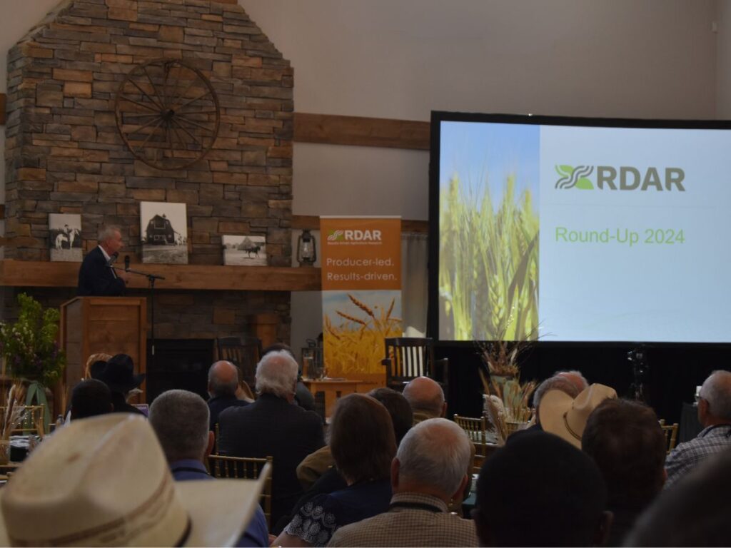 Speaker presenting information on a screen to an audience in a rustic country event venue, featuring a large stone fireplace as a backdrop, wooden beams, and attendees seated in rows