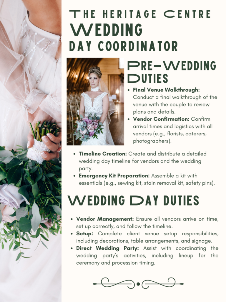 Wedding Day Coordinator package details including picure of bride