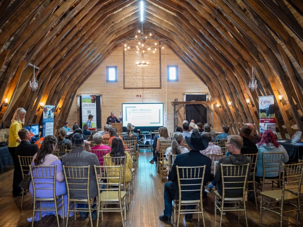 A business meeting setup in the loft of a beautifully restored historic barn at a country event venue near Calgary, Alberta, featuring elegant custom chandeliers, polished wooden beams, and a sophisticated yet rustic ambiance.