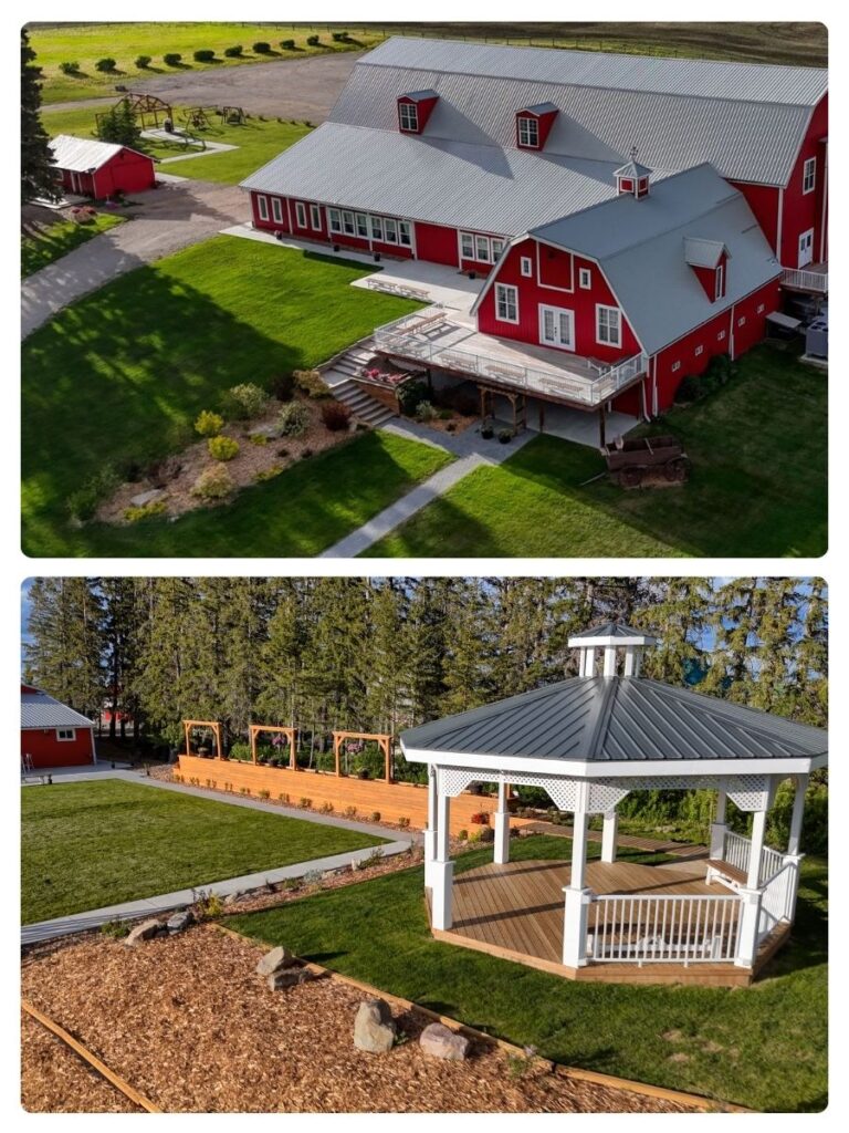 Photo collage featuring a beautiful barn venue set in the scenic countryside and a stunning white gazebo ceremony space surrounded by lush greenery.