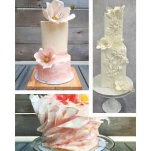 Three elegant wedding cakes, each uniquely decorated with florals and intricate designs, beautifully displayed for a stunning wedding reception showcase.