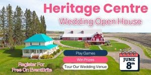 Wedding Open HOuse | The Heritage Centre by Mountain View Events Ltd. xterior view of The Heritage Centre Wedding and Event Venue with elegant text overlay promoting an upcoming Wedding Open House.
