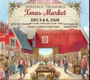 Heritage Treasures Christmas Market December 5 and 6 2026 at The Heritage Centre in Cremona Alberta featuring artisan vendors holiday gifts and festive shopping near Calgary