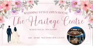 Flyer for The Heritage Centre Wedding Venue Open House in Mountain View County, featuring a floral design, a bride and groom illustration, and a photo of a couple kissing in an outdoor gazebo.