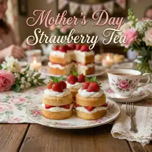 An elegant table setting featuring two mini angel food cakes layered with whipped cream and fresh strawberries on a floral plate. Next to the plate is a matching teacup filled with tea. The background is softly blurred, showing flowers, lit candles, and another strawberry cake. The text "Mother's Day Strawberry Tea" is written in elegant script at the top.