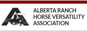 "Logo for the Alberta Ranch Horse Versatility Association, featuring a large black capital letter 'A' with an internal silhouette of a horse and rider. The full association name text is to the right in three lines, set against a white background with a dark red top bar."