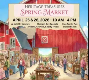 Heritage Treasures Spring Market April 25 and 26 2026 at The Heritage Centre in Cremona Alberta featuring artisans, crafts and local vendors near Calgary