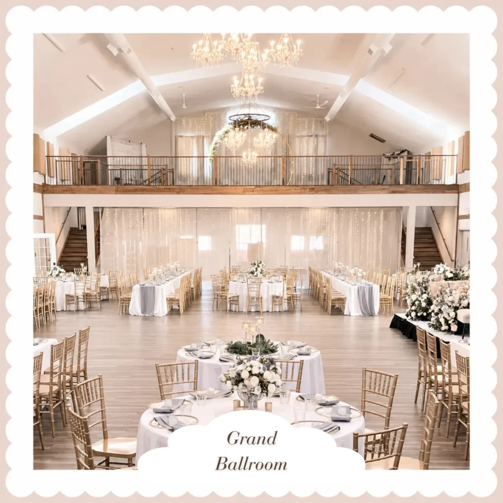 Elegant Grand Ballroom wedding reception setup with chandeliers, gold chairs and white floral arrangements at The Heritage Centre in Alberta.