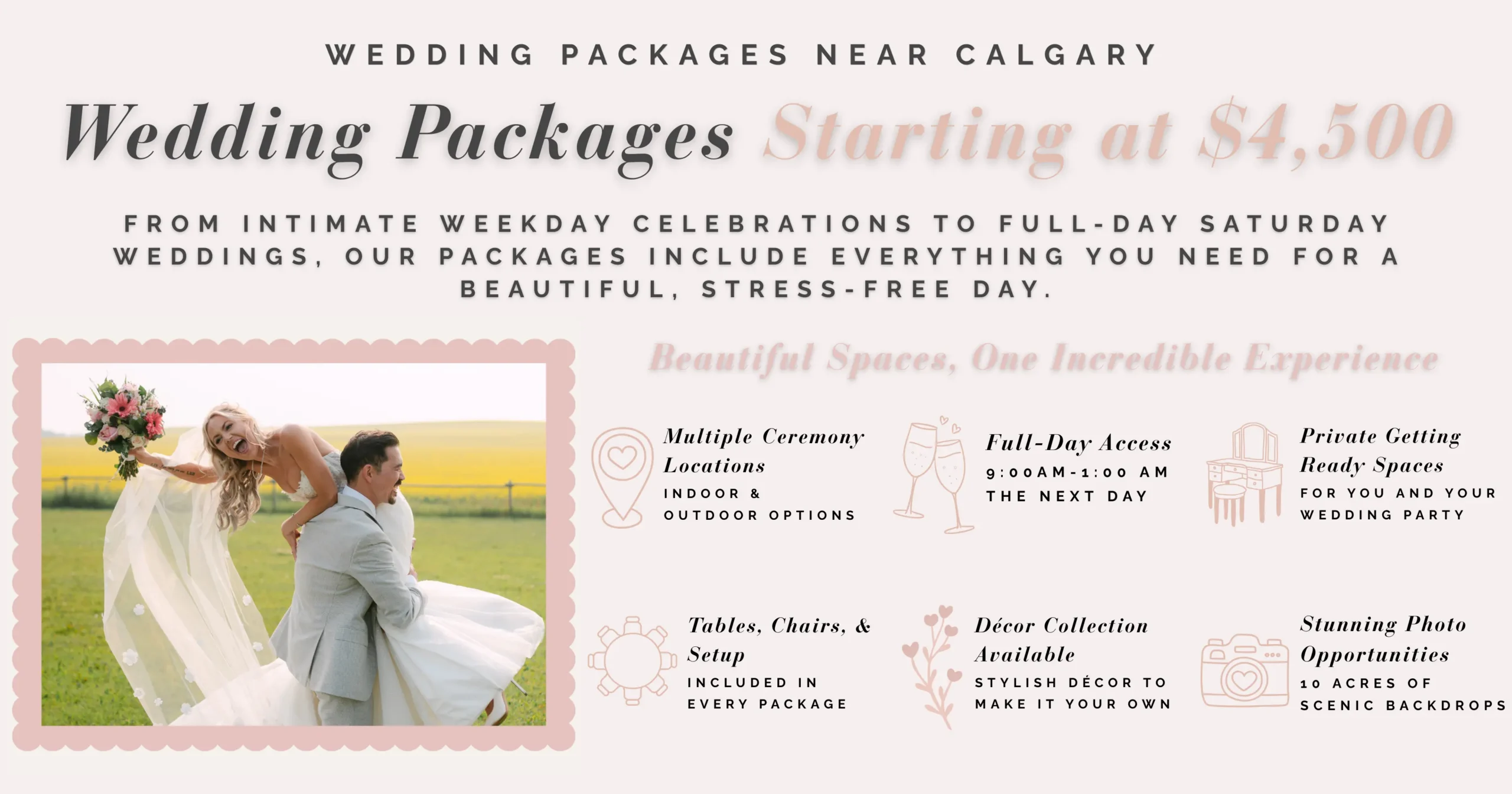 Bride and groom posing outdoors in a wedding photo on a pink-bordered promo poster for wedding packages near Calgary.