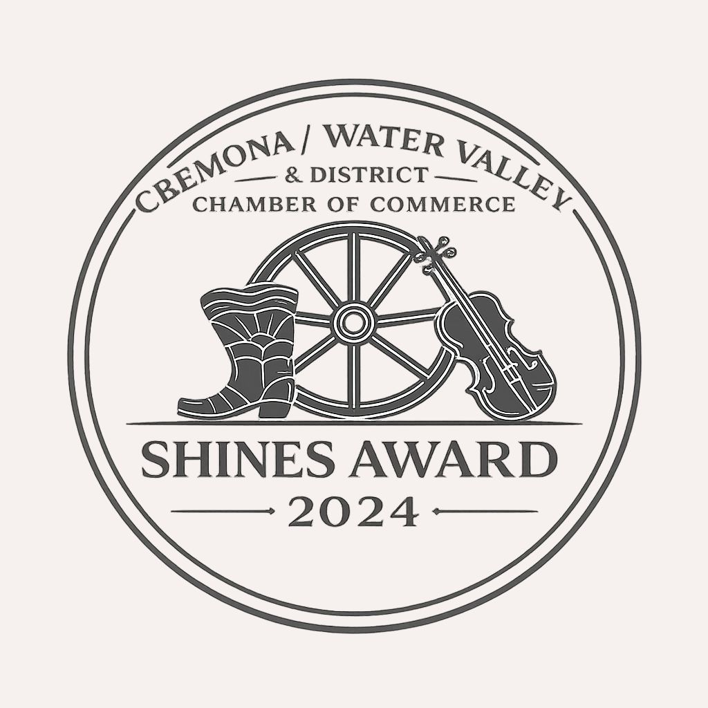 Circular Shines Award 2024 seal for Cemona/Water Valley Chamber of Commerce, with a boot, wagon wheel, and violin.