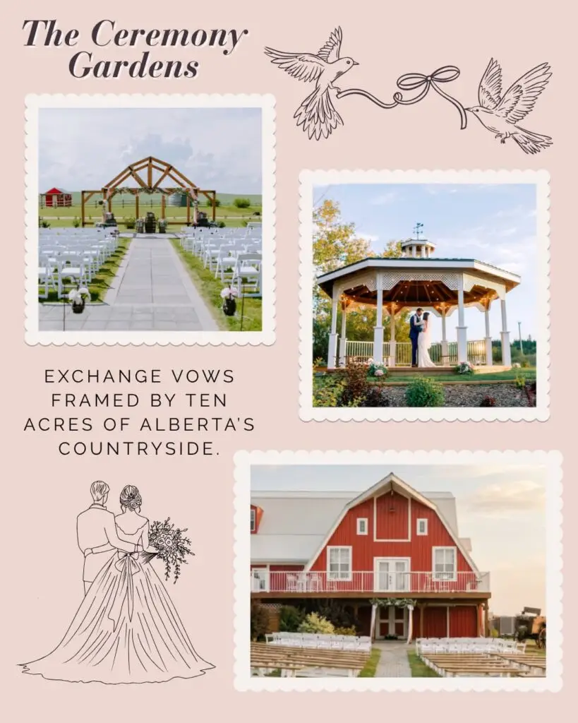 Outdoor Ceremony Gardens at The Heritage Centre Alberta | The Heritage Centre by Mountain View Events Ltd. | The Heritage Centre by Mountain View Events Ltd. Three outdoor wedding ceremony spaces at The Heritage Centre, including the timber arch, white gazebo and red barn ceremony site.