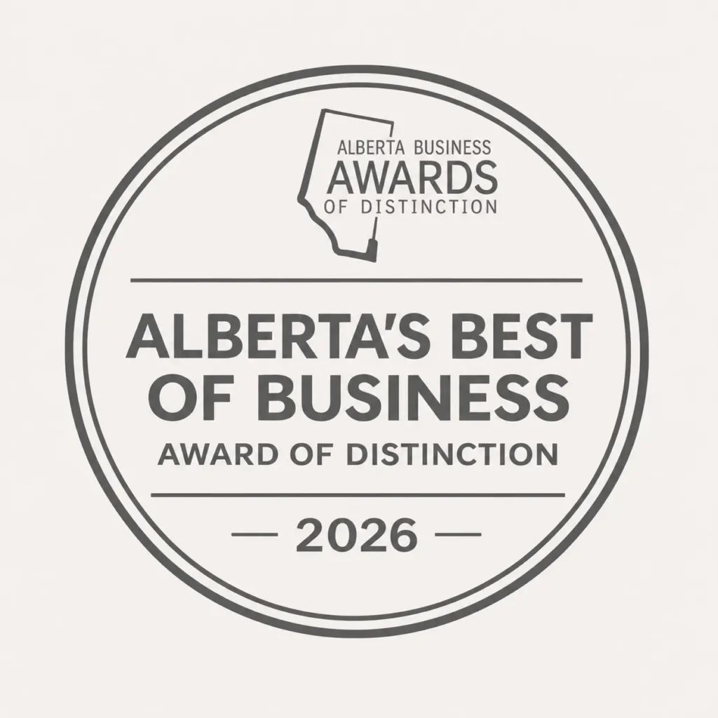 Circular award badge reading 'Alberta's Best of Business – Award of Distinction – 2026' with an Alberta outline at top and double ring.