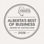 Circular award badge reading 'Alberta's Best of Business – Award of Distinction – 2026' with an Alberta outline at top and double ring.