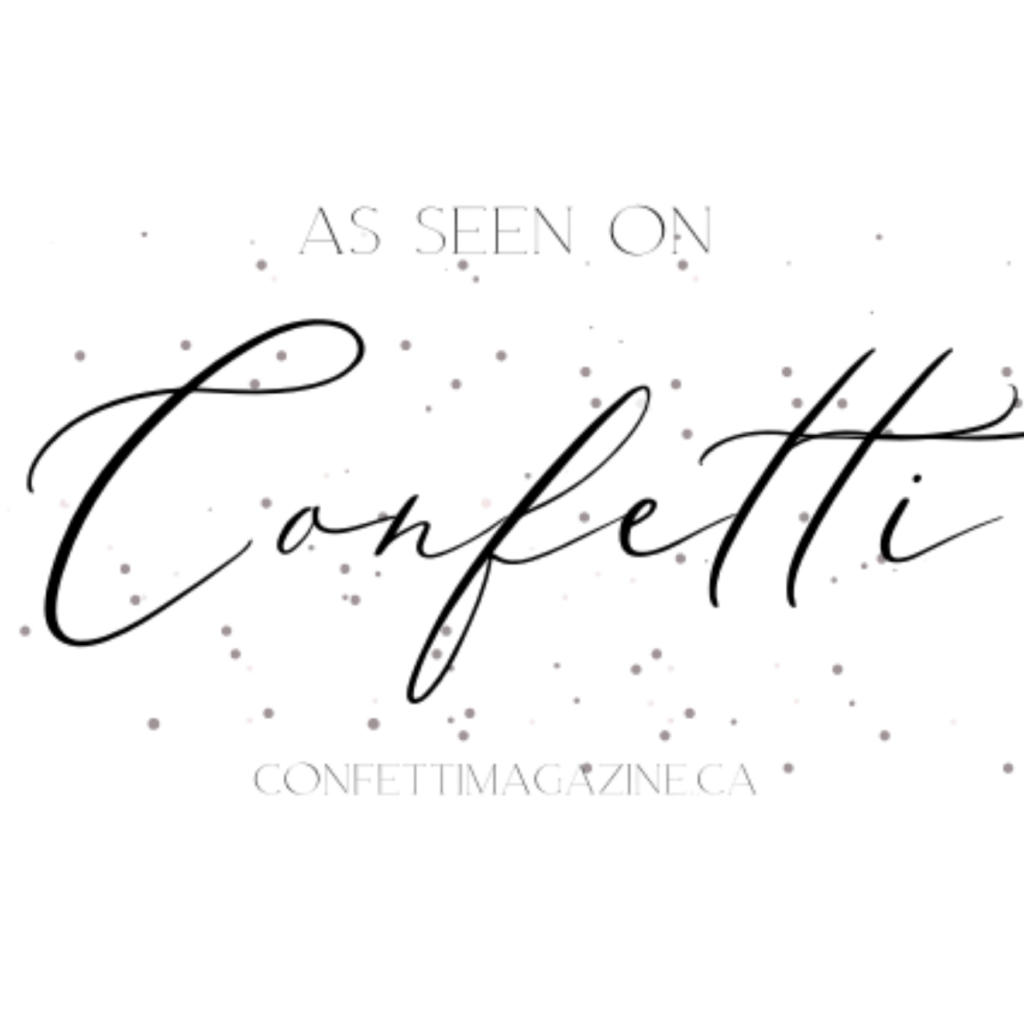 Circular logo with 'AS SEEN ON' above a decorative cursive 'Confetti' and the URL confettimagazine.ca, dotted background.