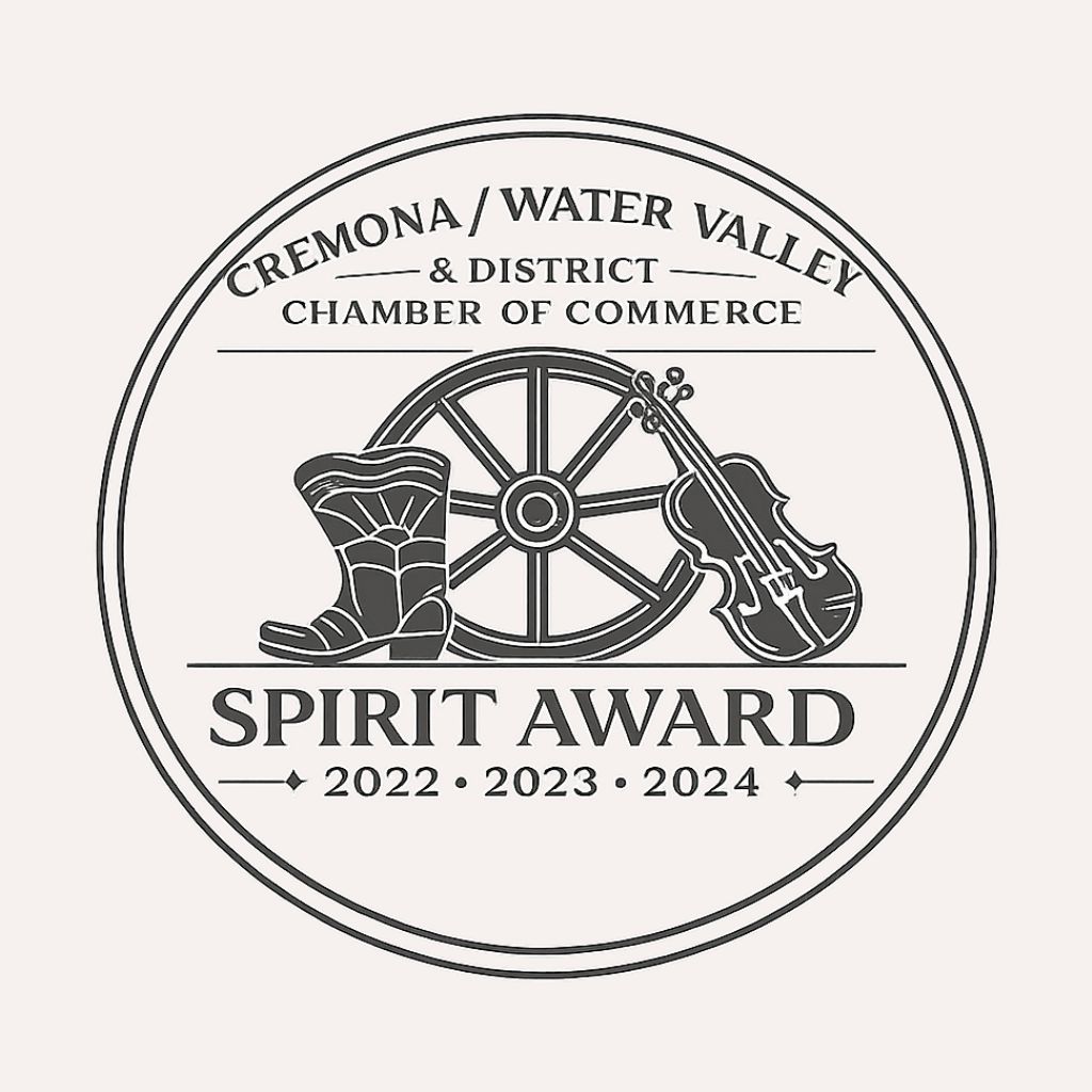 Circular Spirit Award logo for Cremona/Water Valley & District Chamber of Commerce with a boot and a violin beside a wagon wheel, years 2022–2024.