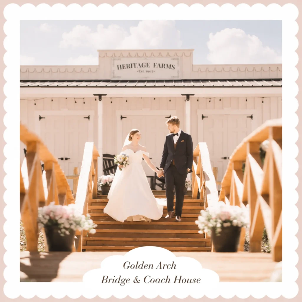 Newlywed couple walking hand in hand across the Golden Arch Bridge in front of the Coach House at The Heritage Centre.
