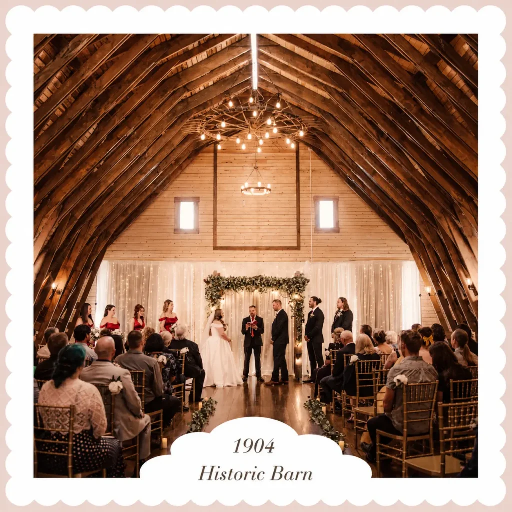 Wedding ceremony in a historic barn with a wooden arched ceiling, chandeliers, and vines framing the officiant and couple at the altar.