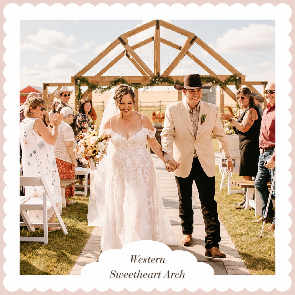 Newlywed couple smiling beneath the flower-decorated Sweetheart Arbour following their outdoor wedding ceremony.