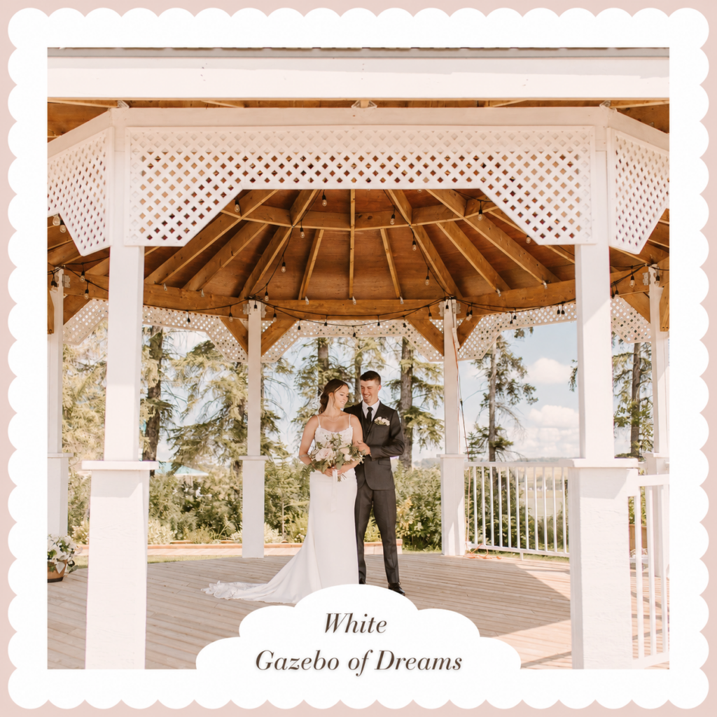 Wedding couple standing beneath the decorated White Gazebo of Dreams at The Heritage Centre in Alberta.