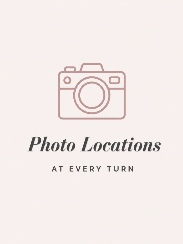 Blush camera icon with text promoting multiple wedding photo locations throughout The Heritage Centre property.
