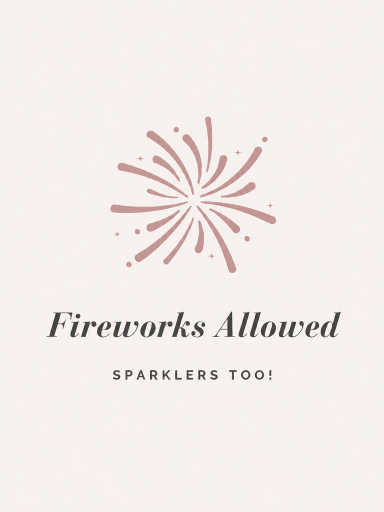 Blush fireworks icon with text explaining that fireworks and wedding sparklers are permitted at the venue.