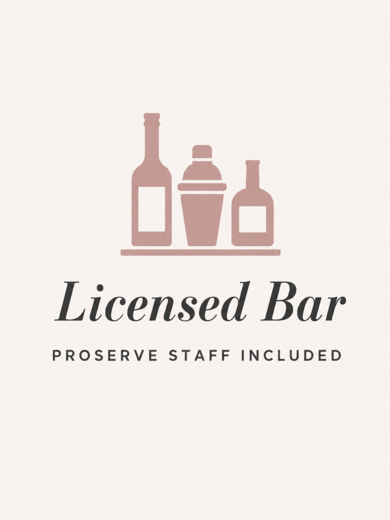 Blush bottles and cocktail shaker icon promoting a licensed wedding bar with ProServe staff included.