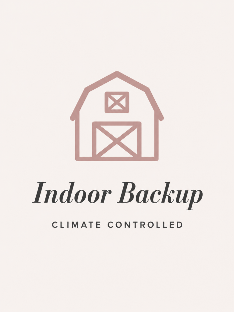 Blush barn icon with text promoting a climate-controlled indoor backup ceremony space.