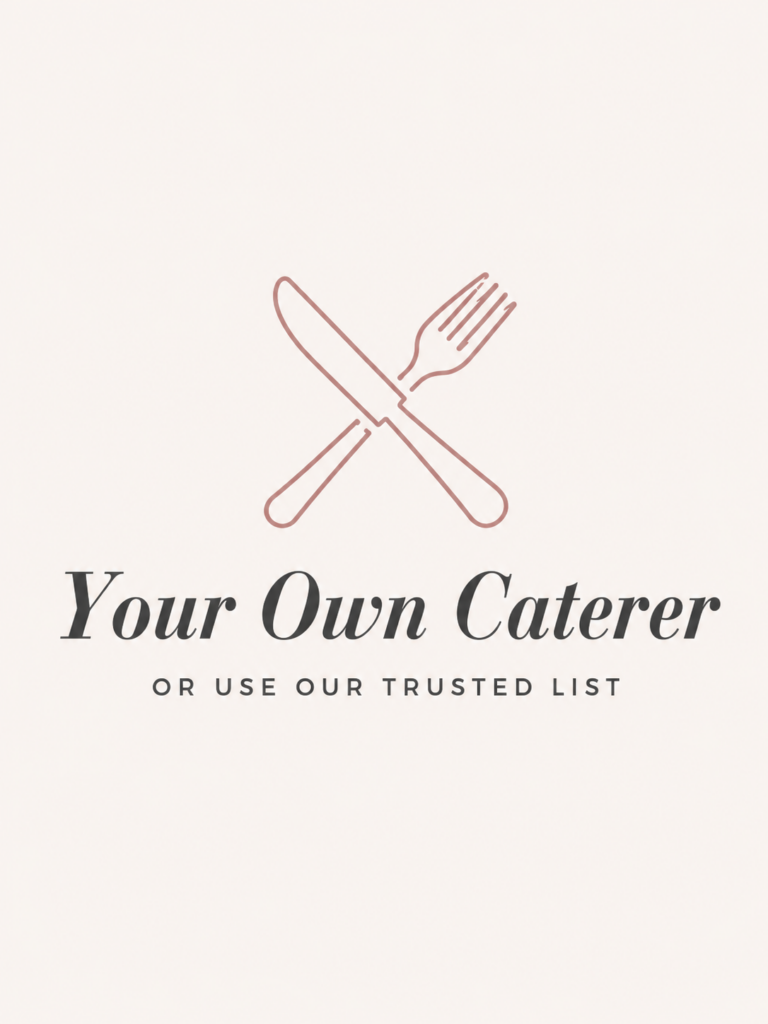 Blush fork and knife icon with text explaining that couples may choose their own wedding caterer.