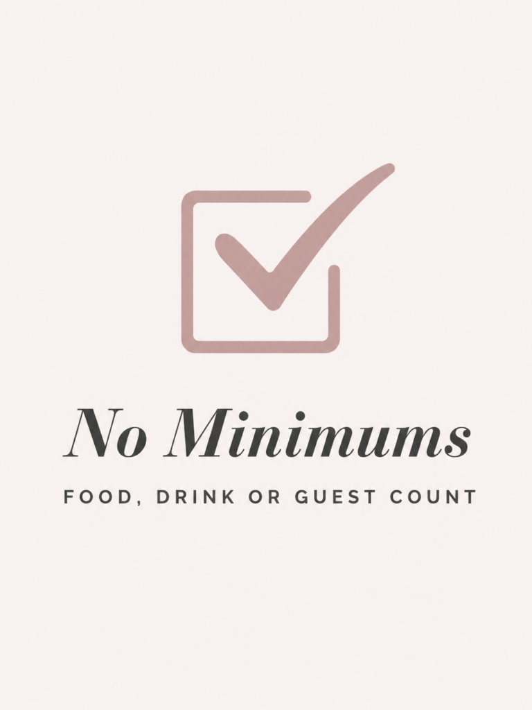 Blush checkmark icon with text stating there are no minimum food, drink, or guest-count requirements.