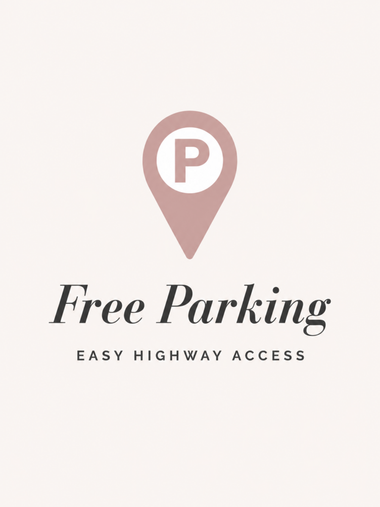 Blush parking location icon with text promoting free parking and convenient highway access.