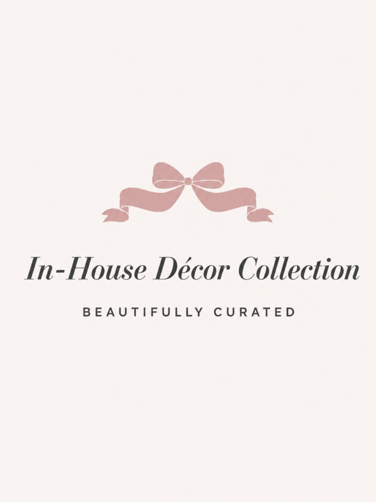 Blush ribbon icon with text promoting the venue’s beautifully curated in-house wedding décor collection.
