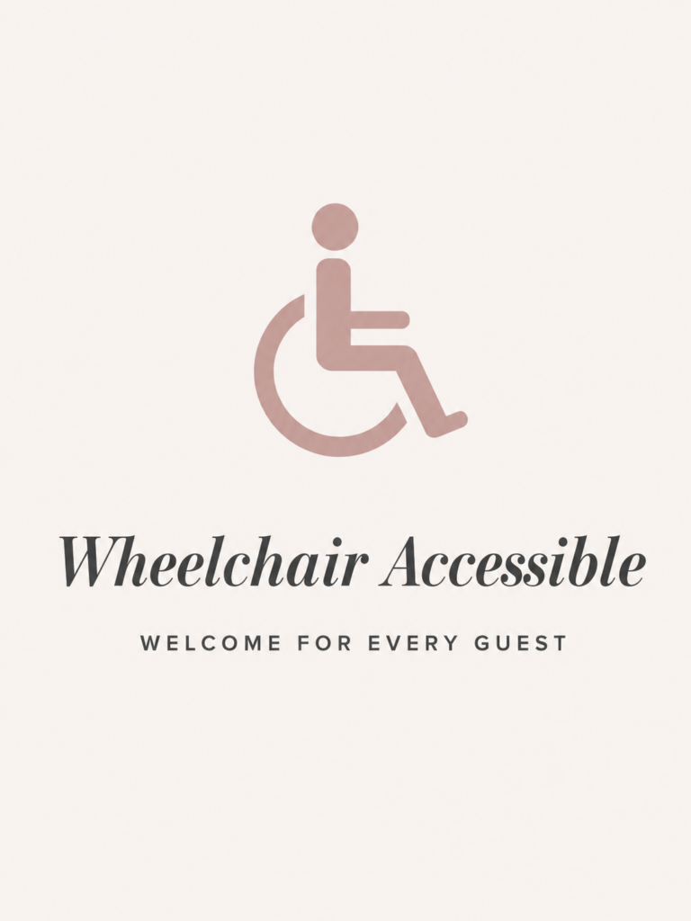 Blush wheelchair accessibility icon with text welcoming every guest to the venue.