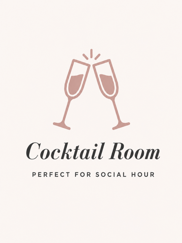 Blush champagne glass icon promoting a dedicated cocktail room for wedding social hour.