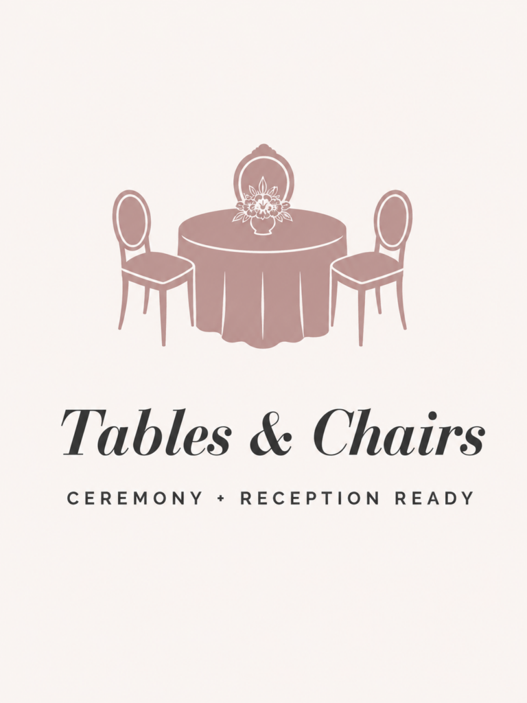 Blush wedding table and chair icon with text stating that ceremony and reception furniture is available.
