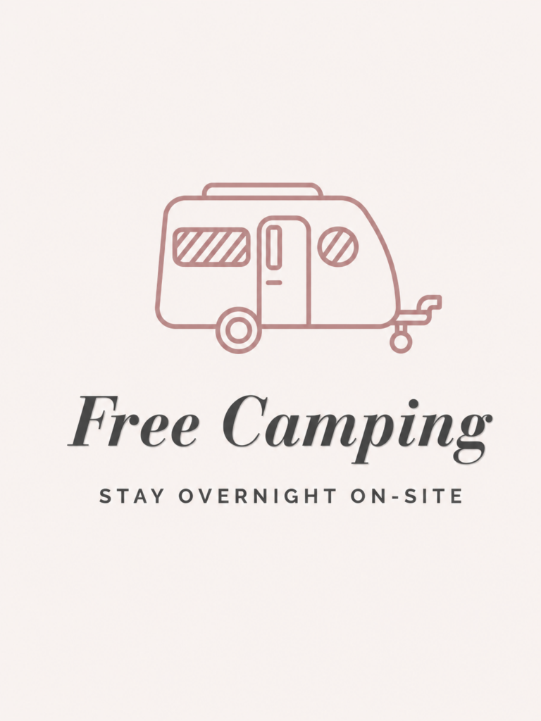 Blush camper icon with text promoting complimentary overnight RV camping at the wedding venue.