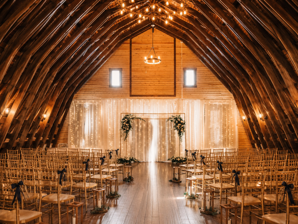 Historic Barn Loft Wedding Ceremony at The Heritage Centre | The Heritage Centre by Mountain View Events Ltd. | The Heritage Centre by Mountain View Events Ltd. Indoor wedding ceremony setup in the Historic Barn loft at The Heritage Centre with gold chairs, warm string lights and a floral arch.
