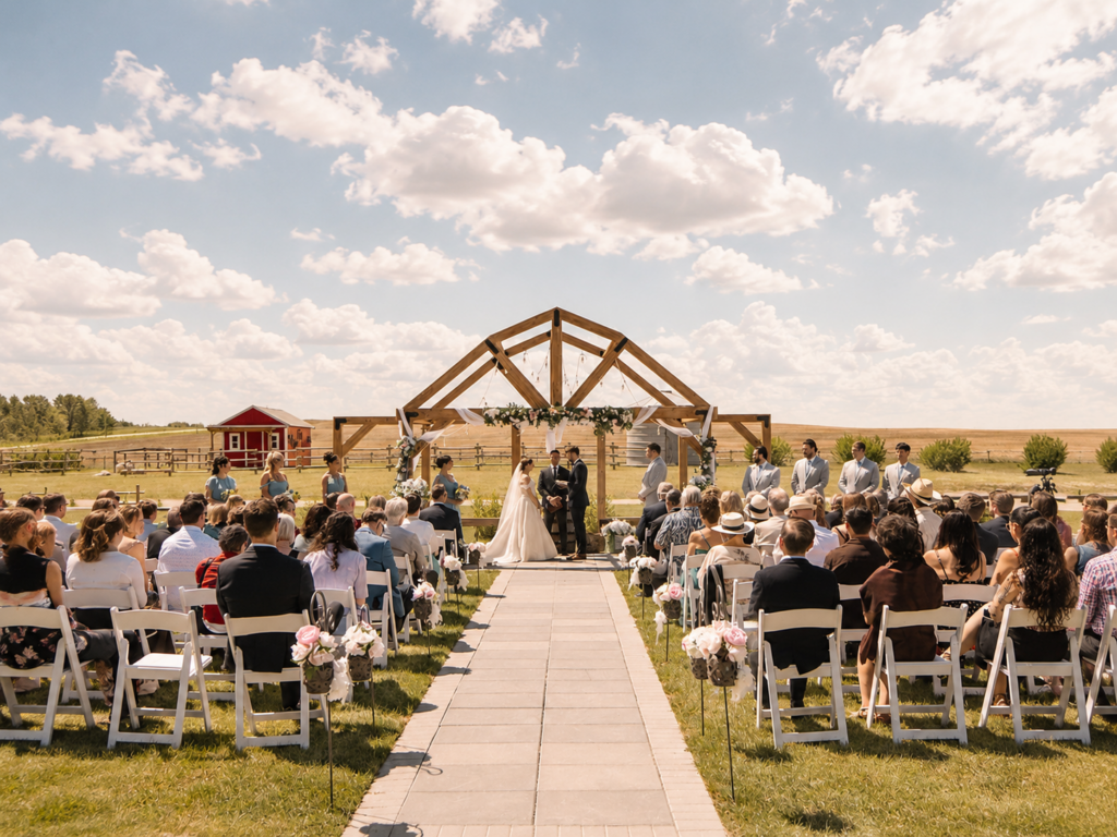 Western Sweetheart Arch Outdoor Wedding Ceremony | The Heritage Centre by Mountain View Events Ltd. | The Heritage Centre by Mountain View Events Ltd. Outdoor wedding ceremony at the wooden Western Sweetheart Arch with prairie views and a puffy blue Alberta sky.