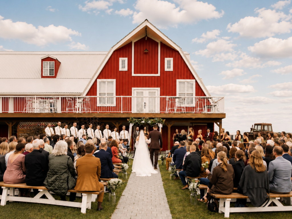 Big Red Barn Outdoor Wedding Ceremony | The Heritage Centre by Mountain View Events Ltd. | The Heritage Centre by Mountain View Events Ltd. Bride walks down the aisle during an outdoor wedding ceremony in front of The Heritage Centre’s Big Red Barn.