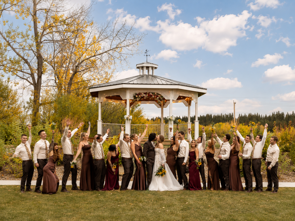 Wedding Party at the Gazebo of Dreams | The Heritage Centre by Mountain View Events Ltd. | The Heritage Centre by Mountain View Events Ltd. Bride, groom and wedding party celebrate in front of the white gazebo at The Heritage Centre during an autumn wedding.