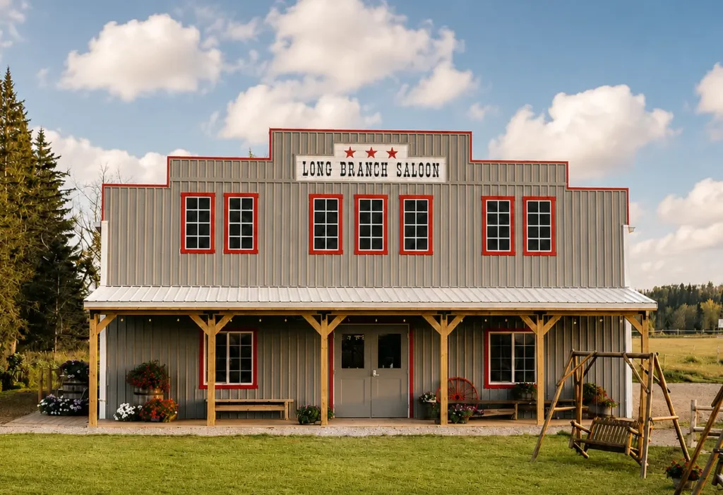 Long Branch Saloon Event Venue in Cremona, Alberta | The Heritage Centre by Mountain View Events Ltd. | The Heritage Centre by Mountain View Events Ltd. Long Branch Saloon exterior at The Heritage Centre in Cremona, Alberta, featuring a western-style event venue, green lawn and blue sky near Calgary.