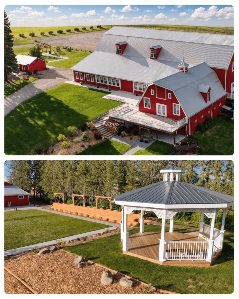 Aerial view of The Heritage Centre’s stunning red barn wedding venue and lush Alberta grounds, alongside a beautifully decorated white outdoor wedding gazebo.