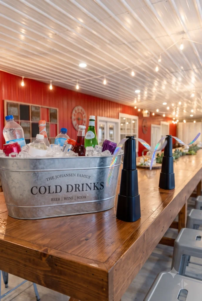 Cold Drinks Station at a Summer Wedding – The Heritage Centre | The Heritage Centre by Mountain View Events Ltd. | The Heritage Centre by Mountain View Events Ltd. Galvanized metal tub filled with ice and cold drinks on a wooden table at a summer wedding reception, string lights overhead