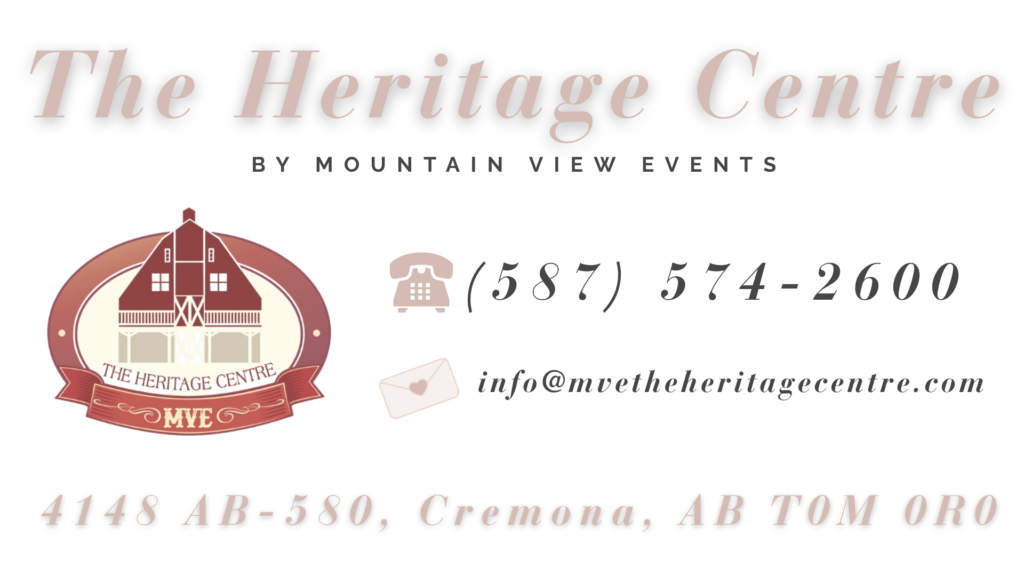 The Heritage Centre logo with a red emblem and ribbon; includes the phone number (587) 574-2600 and email info@mvtheheritagecentre.com