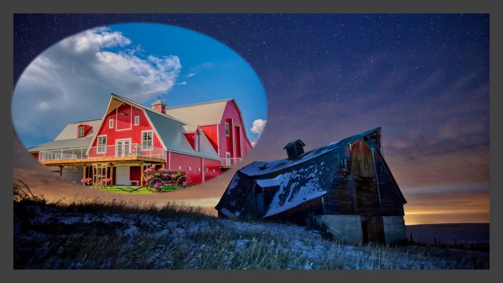 Weathered barn transforming into The Heritage Centre's illuminated red barn wedding venue under a starry Alberta night sky