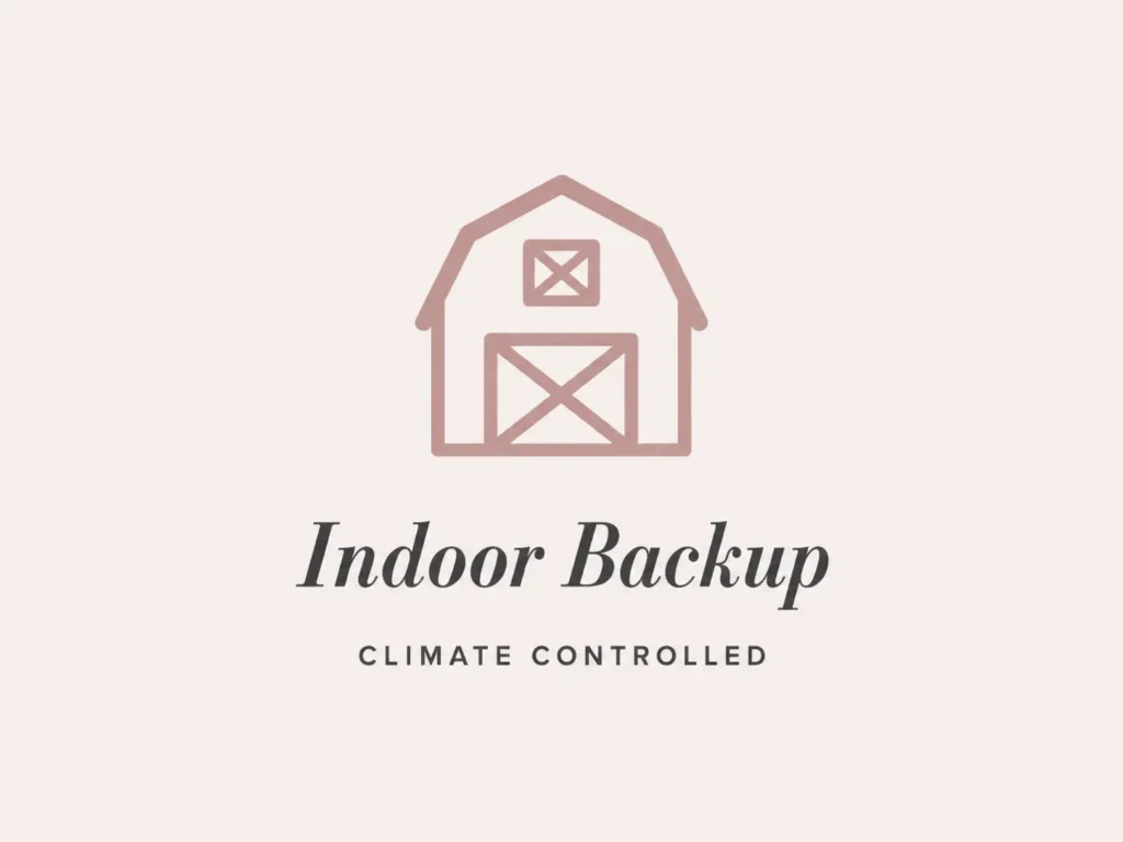 Barn graphic with text indicating climate-controlled indoor ceremony backup