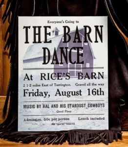 Vintage 1946 poster advertising a barn dance at Rice's Barn near Torrington, Alberta, with music by Hal and His Stardust Cowboys