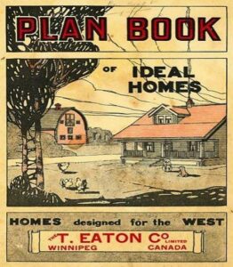 Vintage cover of the T. Eaton Co. "Plan Book of Ideal Homes" catalogue, featuring an illustrated farmhouse and barn, Winnipeg, Canada