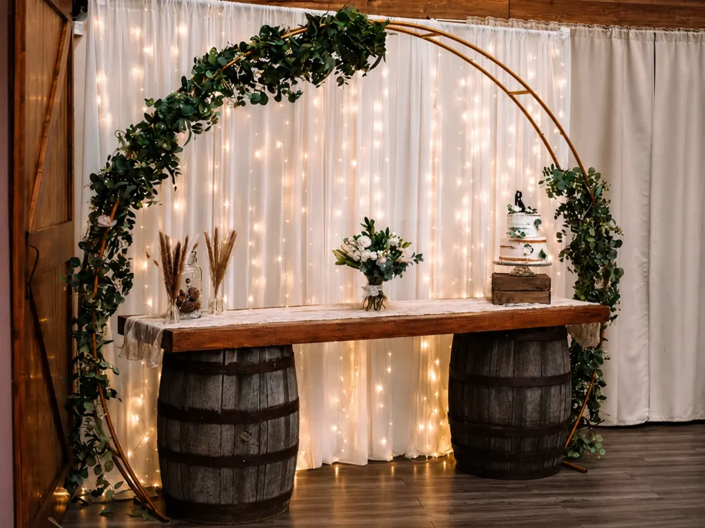 Wedding cake table on whiskey barrels beneath a greenery arch in the Grand Ballroom.