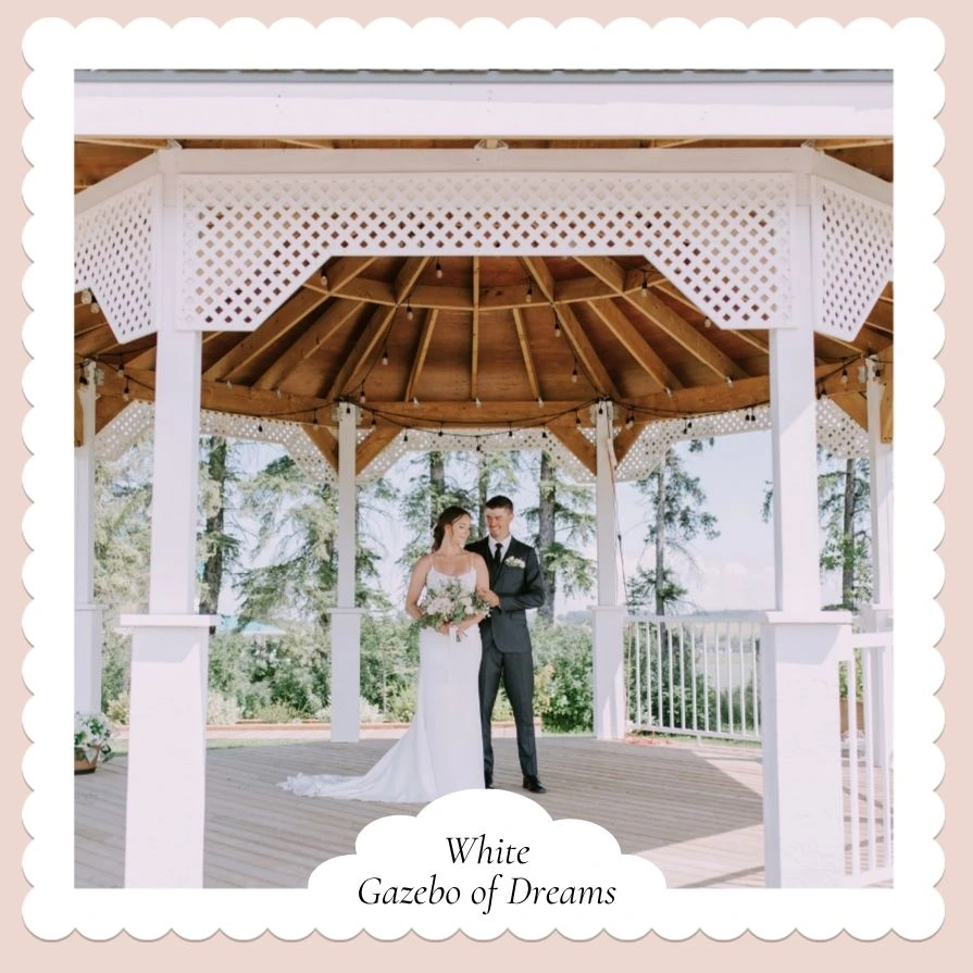 Nate and Dania standing beneath the white gazebo overlooking the countryside at The Heritage Centre wedding venue near Calgary